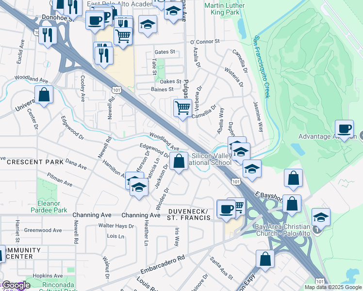 map of restaurants, bars, coffee shops, grocery stores, and more near 1893 Woodland Avenue in East Palo Alto