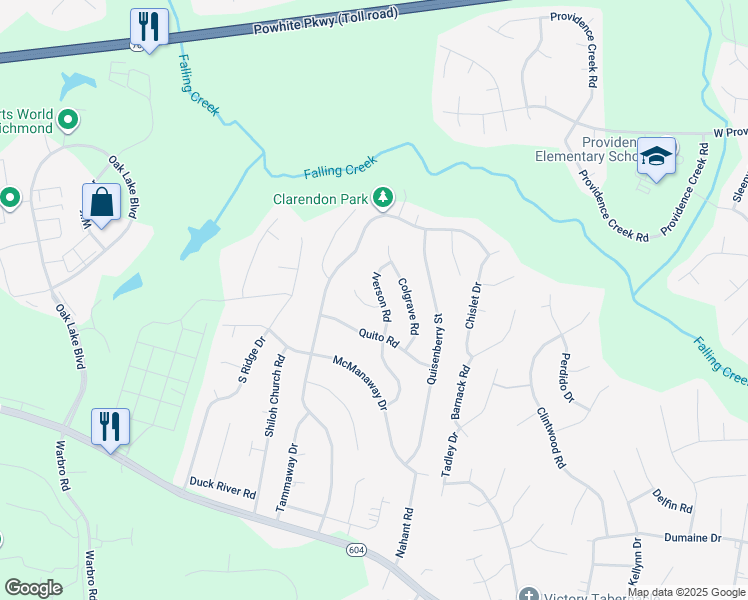 map of restaurants, bars, coffee shops, grocery stores, and more near 12100 Iverson Court in Midlothian