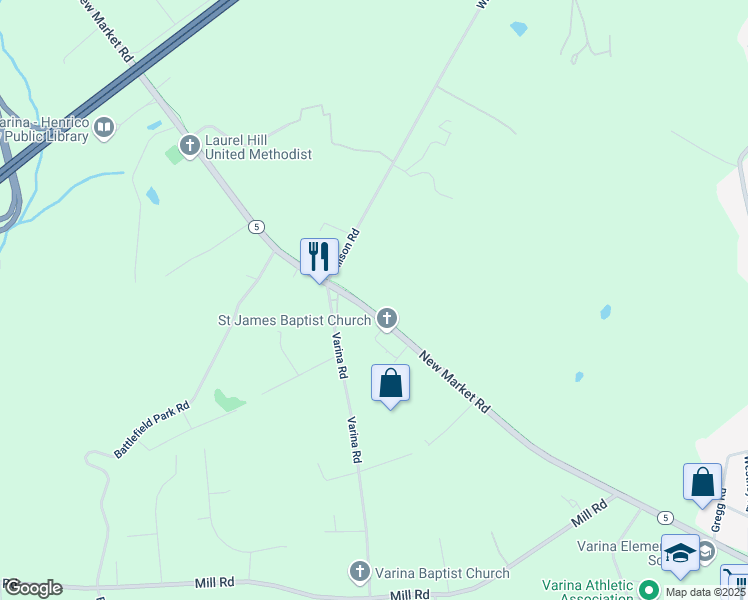 map of restaurants, bars, coffee shops, grocery stores, and more near 2130 New Market Road in Henrico
