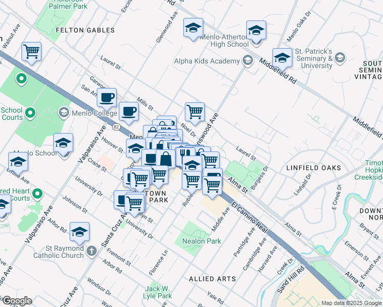 map of restaurants, bars, coffee shops, grocery stores, and more near 573 Ravenswood Avenue in Menlo Park
