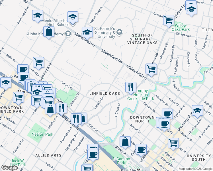 map of restaurants, bars, coffee shops, grocery stores, and more near 311 Waverley Street in Menlo Park