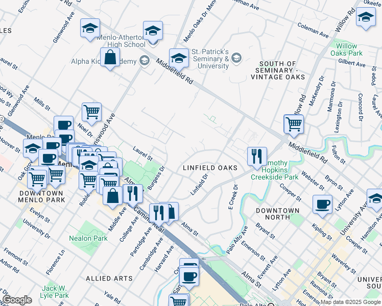 map of restaurants, bars, coffee shops, grocery stores, and more near 341 Waverley Street in Menlo Park