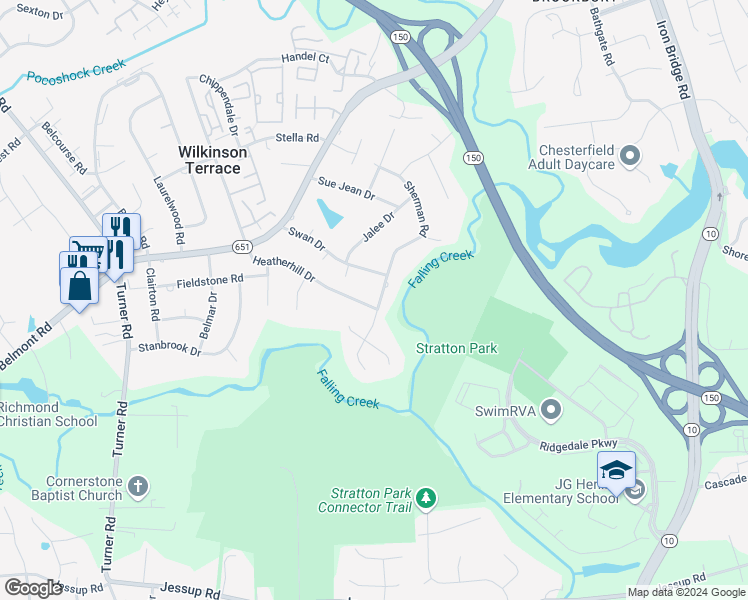 map of restaurants, bars, coffee shops, grocery stores, and more near 5500 Heatherhill Drive in Richmond