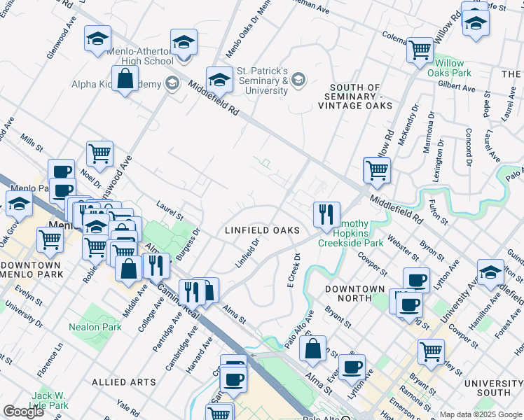 map of restaurants, bars, coffee shops, grocery stores, and more near 315 Waverley Street in Menlo Park