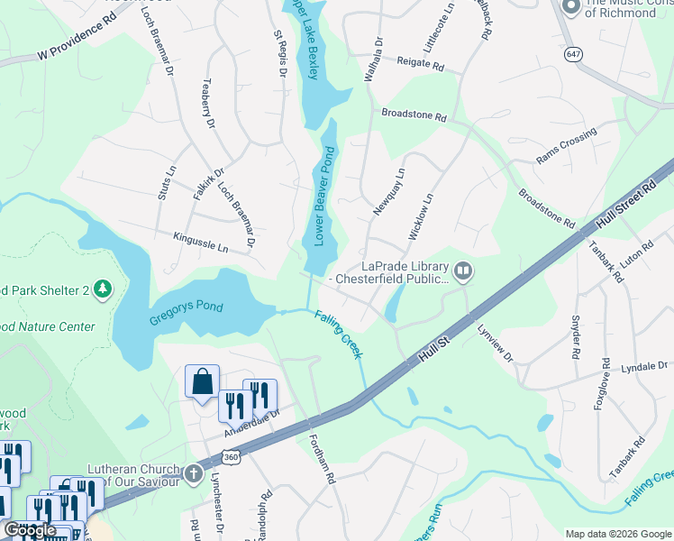 map of restaurants, bars, coffee shops, grocery stores, and more near 3056 Newquay Lane in Richmond
