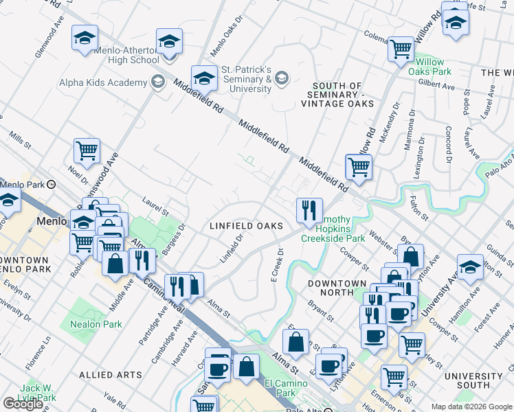 map of restaurants, bars, coffee shops, grocery stores, and more near 293 Waverley Street in Menlo Park