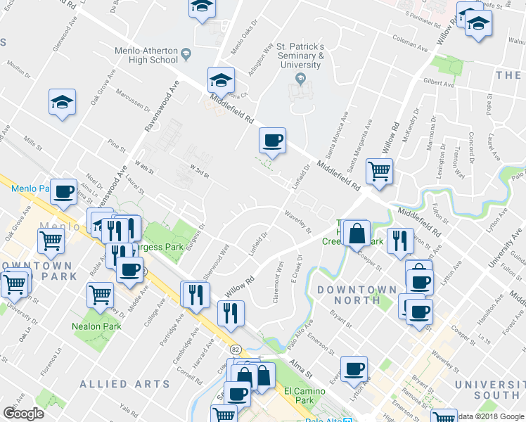 map of restaurants, bars, coffee shops, grocery stores, and more near 302 Sherwood Way in Menlo Park