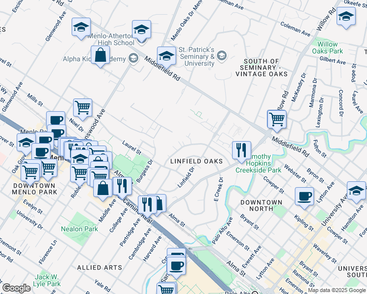 map of restaurants, bars, coffee shops, grocery stores, and more near 341 Waverley Street in Menlo Park