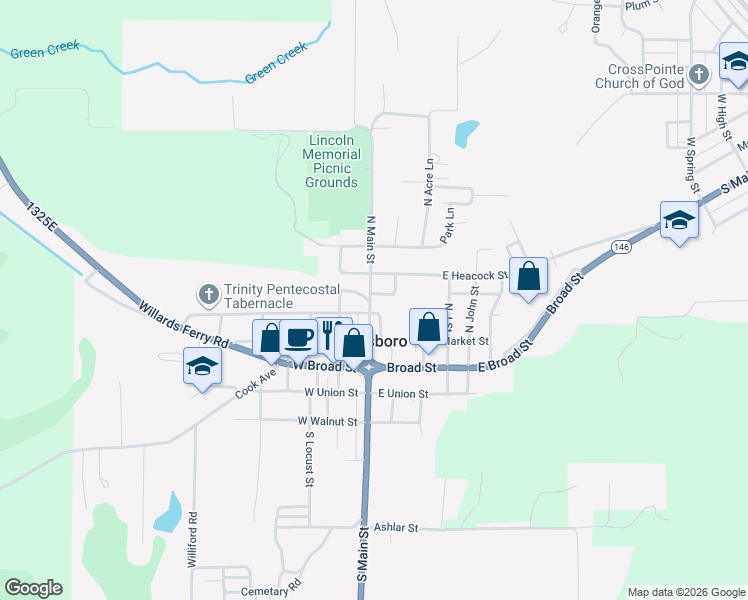 map of restaurants, bars, coffee shops, grocery stores, and more near 300 North Main Street in Jonesboro