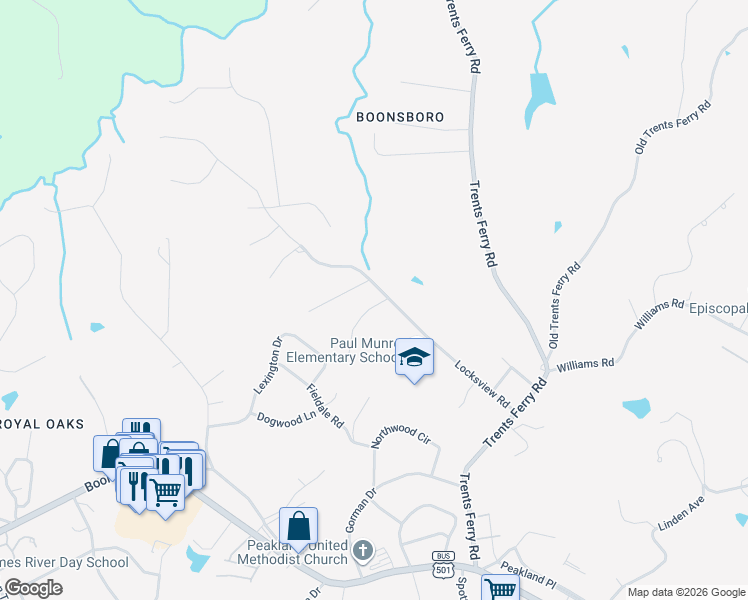 map of restaurants, bars, coffee shops, grocery stores, and more near 4713 Locksview Road in Lynchburg
