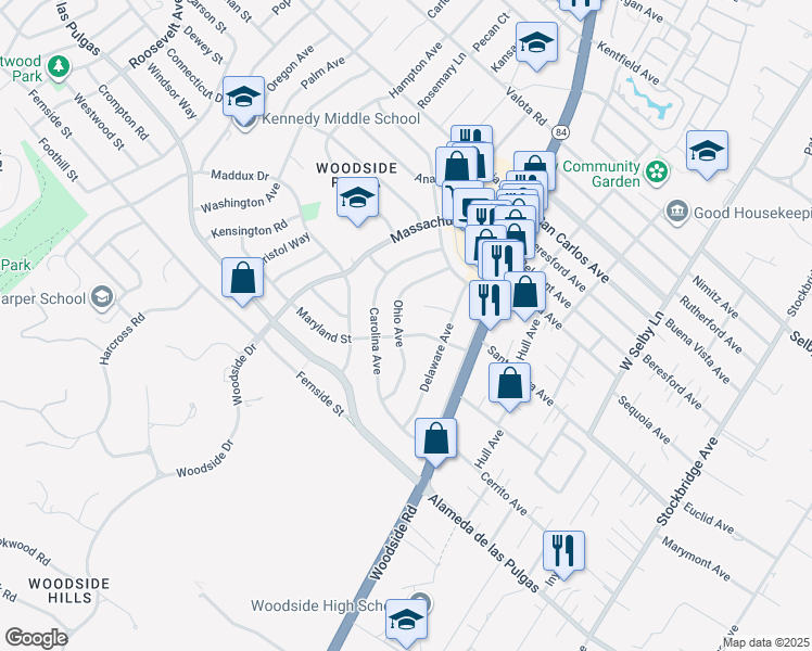 map of restaurants, bars, coffee shops, grocery stores, and more near 2019 Maryland Street in Redwood City