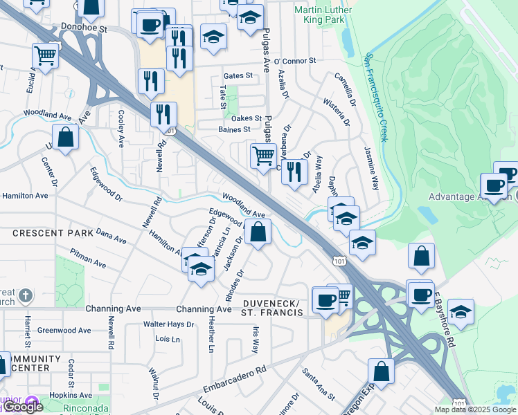 map of restaurants, bars, coffee shops, grocery stores, and more near 1893 Woodland Avenue in East Palo Alto