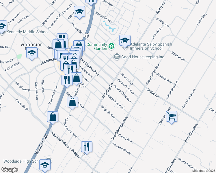 map of restaurants, bars, coffee shops, grocery stores, and more near 1414 West Selby Lane in Redwood City
