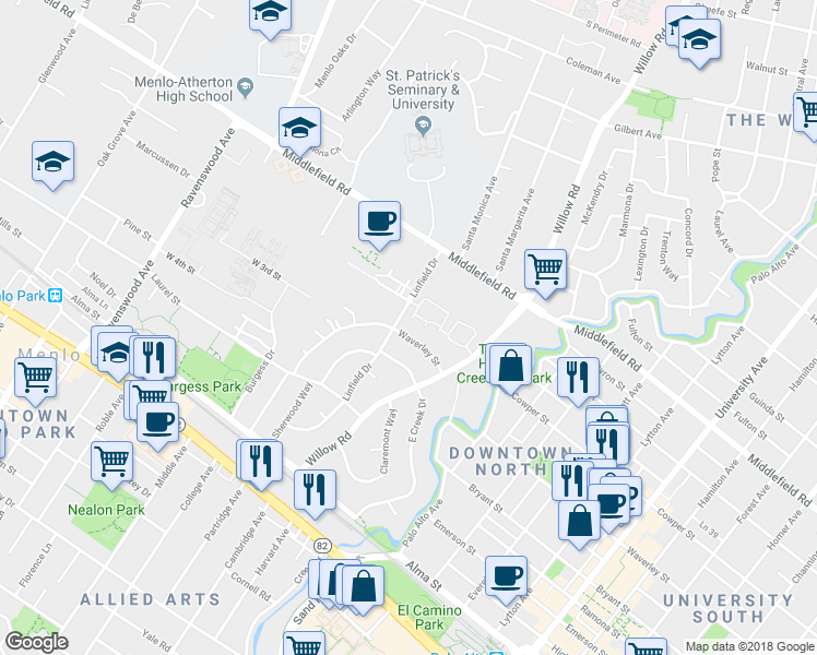 map of restaurants, bars, coffee shops, grocery stores, and more near 293 Waverley Street in Menlo Park