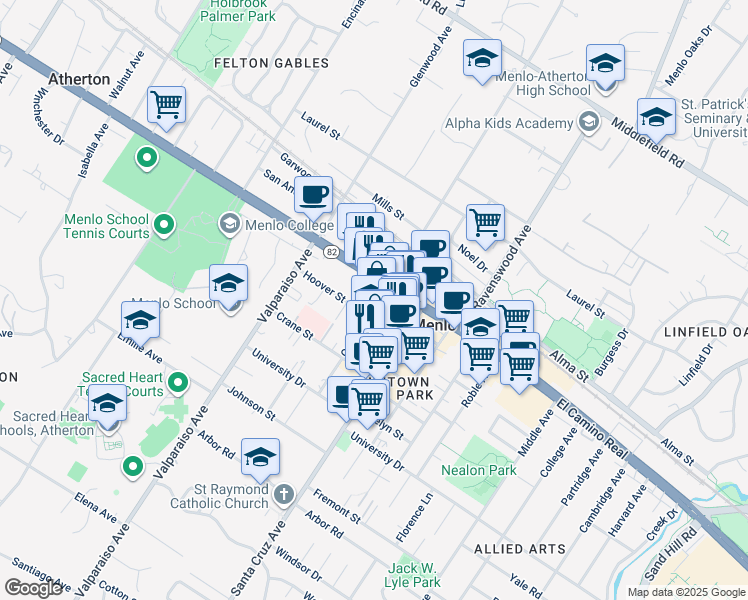 map of restaurants, bars, coffee shops, grocery stores, and more near 1210 Hoover Street in Menlo Park