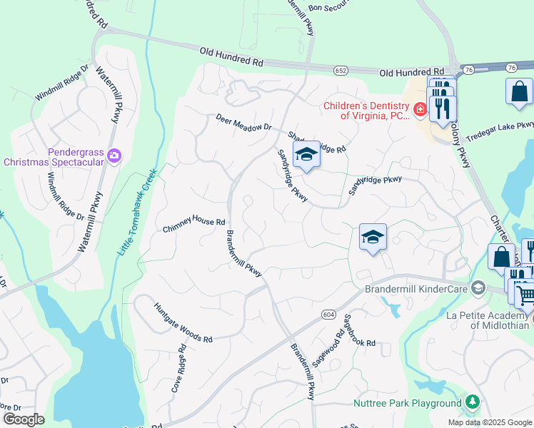 map of restaurants, bars, coffee shops, grocery stores, and more near 2601 Whispering Oaks Terrace in Midlothian