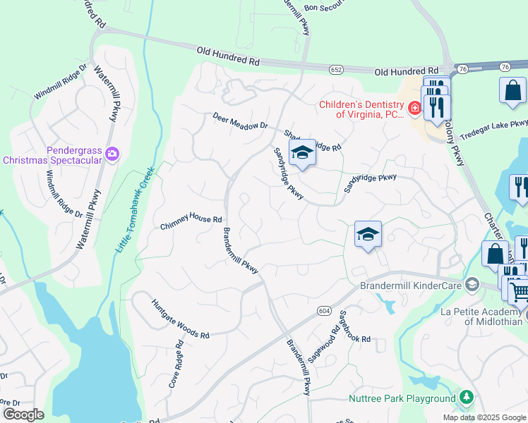map of restaurants, bars, coffee shops, grocery stores, and more near 2601 Whispering Oaks Terrace in Midlothian