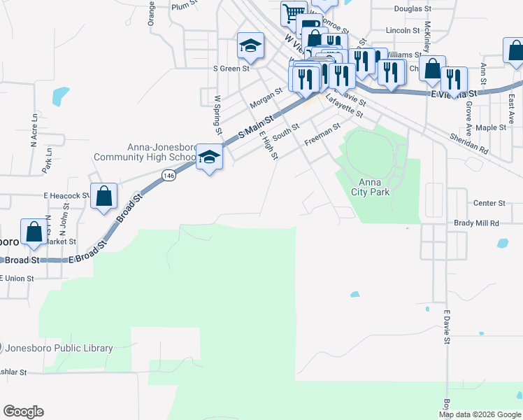 map of restaurants, bars, coffee shops, grocery stores, and more near 627 East High Street in Anna