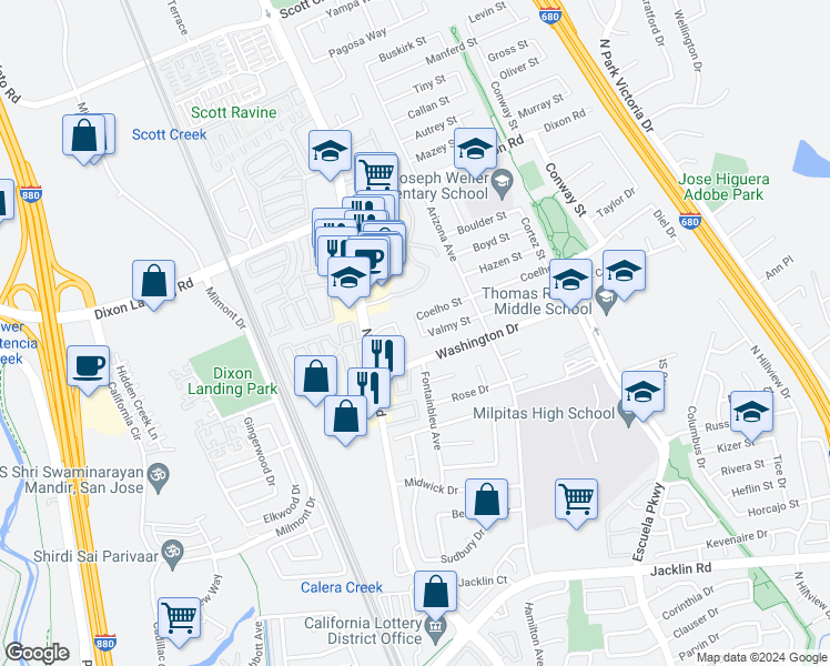 map of restaurants, bars, coffee shops, grocery stores, and more near 2 South Milpitas Boulevard in Milpitas