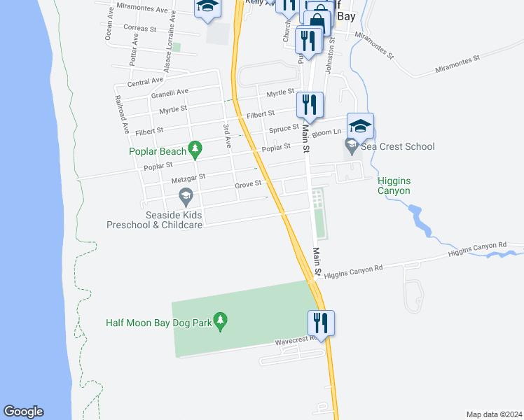 map of restaurants, bars, coffee shops, grocery stores, and more near 555 Seymour Street in Half Moon Bay
