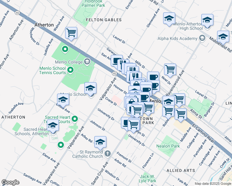 map of restaurants, bars, coffee shops, grocery stores, and more near 1350 Crane Street in Menlo Park