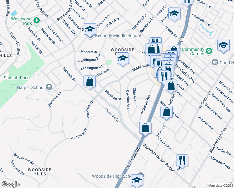 map of restaurants, bars, coffee shops, grocery stores, and more near 1771 Maryland Street in Redwood City