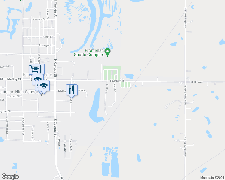 map of restaurants, bars, coffee shops, grocery stores, and more near 106 Vals Lane in Frontenac