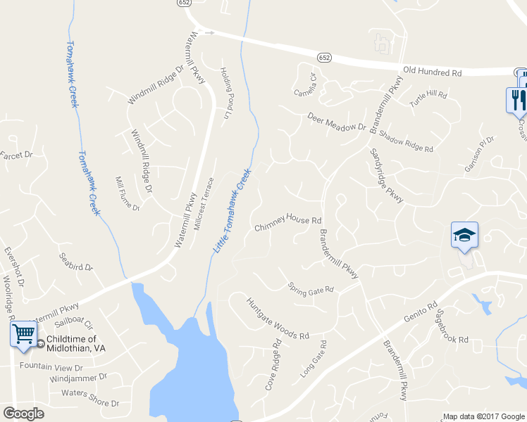 map of restaurants, bars, coffee shops, grocery stores, and more near 2411 Chimney House Terrace in Midlothian