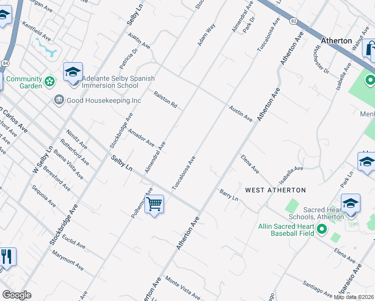 map of restaurants, bars, coffee shops, grocery stores, and more near 172 Tuscaloosa Avenue in Atherton