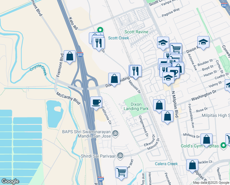 map of restaurants, bars, coffee shops, grocery stores, and more near 440 Dixon Landing Road in Milpitas