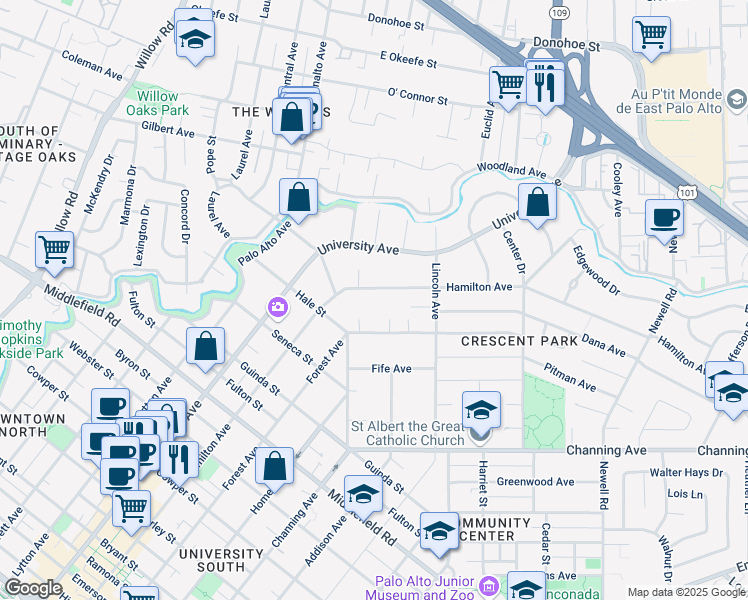 map of restaurants, bars, coffee shops, grocery stores, and more near 1019 Forest Court in Palo Alto