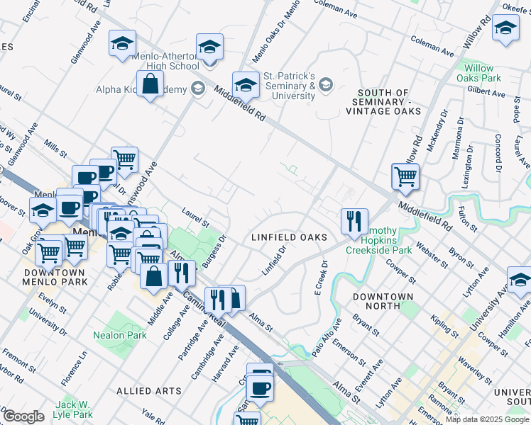 map of restaurants, bars, coffee shops, grocery stores, and more near 353 Waverley Street in Menlo Park