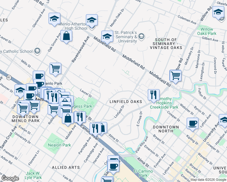 map of restaurants, bars, coffee shops, grocery stores, and more near 341 Waverley Street in Menlo Park