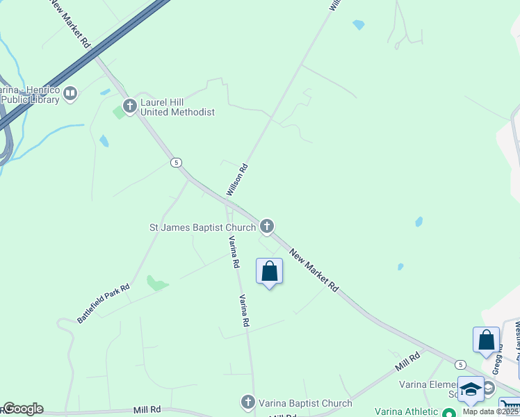 map of restaurants, bars, coffee shops, grocery stores, and more near 2130 New Market Road in Henrico