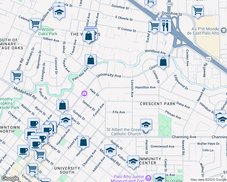 map of restaurants, bars, coffee shops, grocery stores, and more near 1019 Forest Court in Palo Alto
