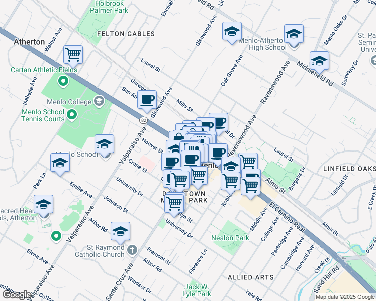 map of restaurants, bars, coffee shops, grocery stores, and more near in Menlo Park