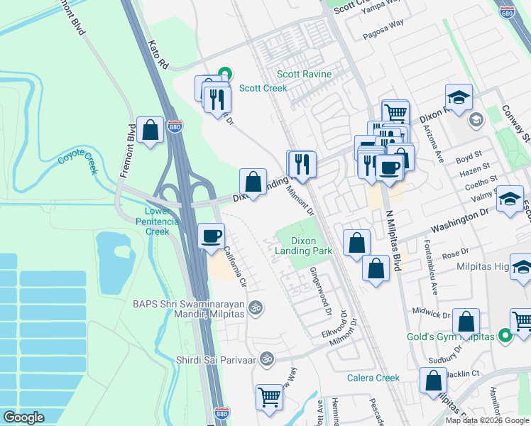 map of restaurants, bars, coffee shops, grocery stores, and more near 440 Dixon Landing Road in Milpitas