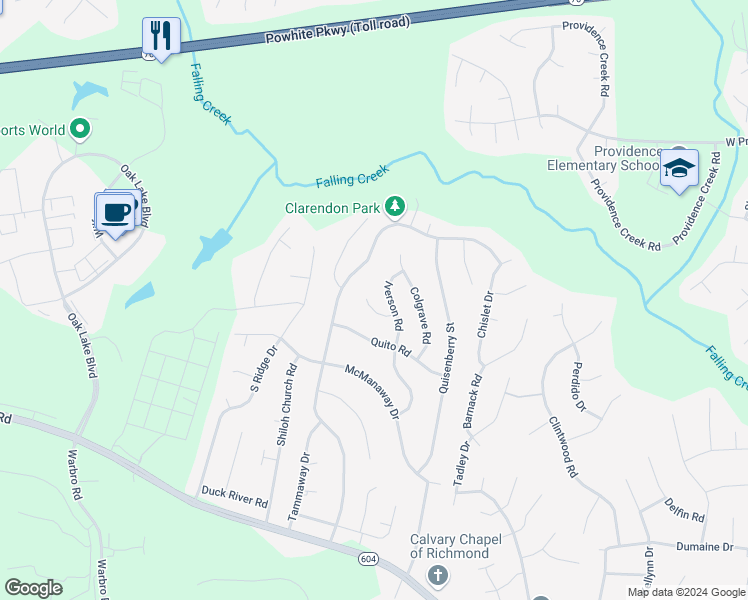 map of restaurants, bars, coffee shops, grocery stores, and more near 12130 Iverson Court in Midlothian