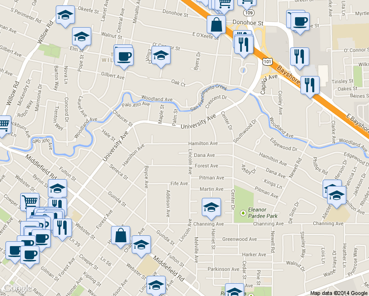 map of restaurants, bars, coffee shops, grocery stores, and more near 1165 Lincoln Avenue in Palo Alto