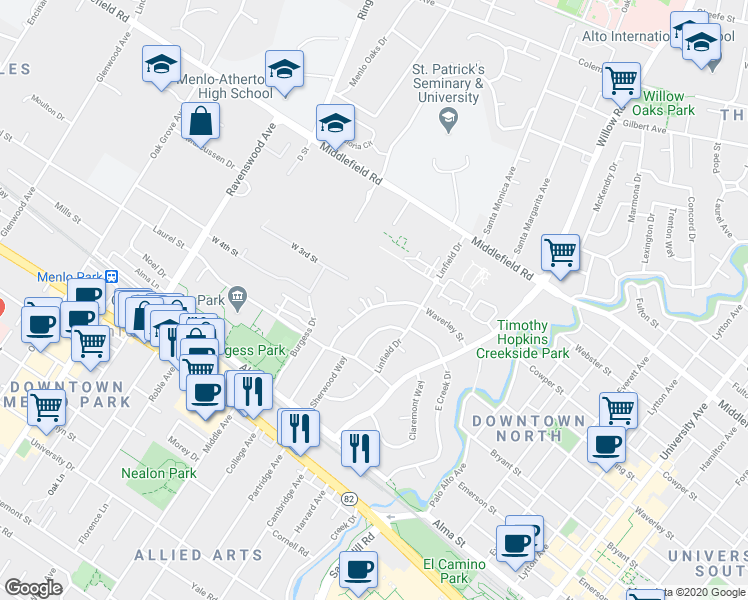 map of restaurants, bars, coffee shops, grocery stores, and more near 341 Waverley Street in Menlo Park