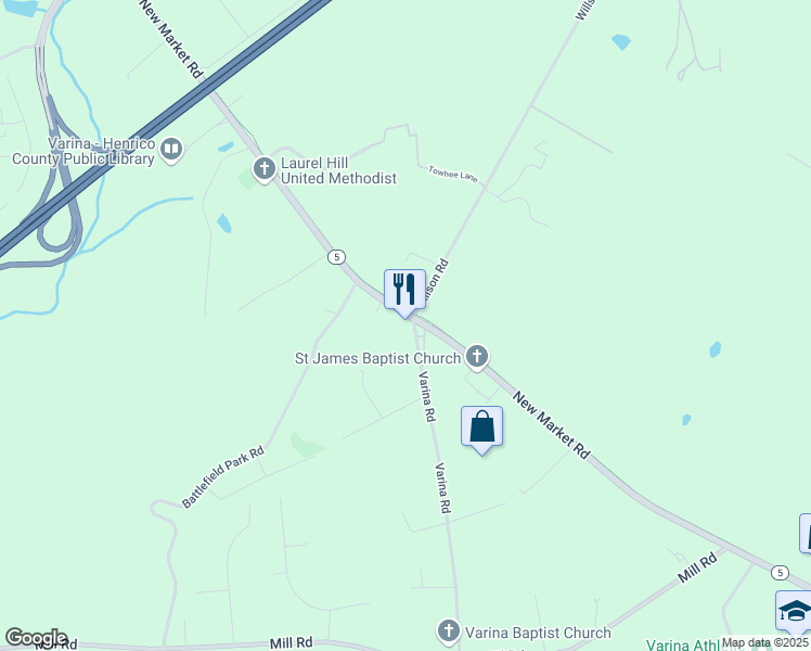 map of restaurants, bars, coffee shops, grocery stores, and more near 2097 New Market Road in Henrico
