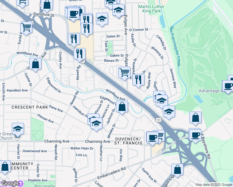 map of restaurants, bars, coffee shops, grocery stores, and more near 1879 Woodland Avenue in East Palo Alto
