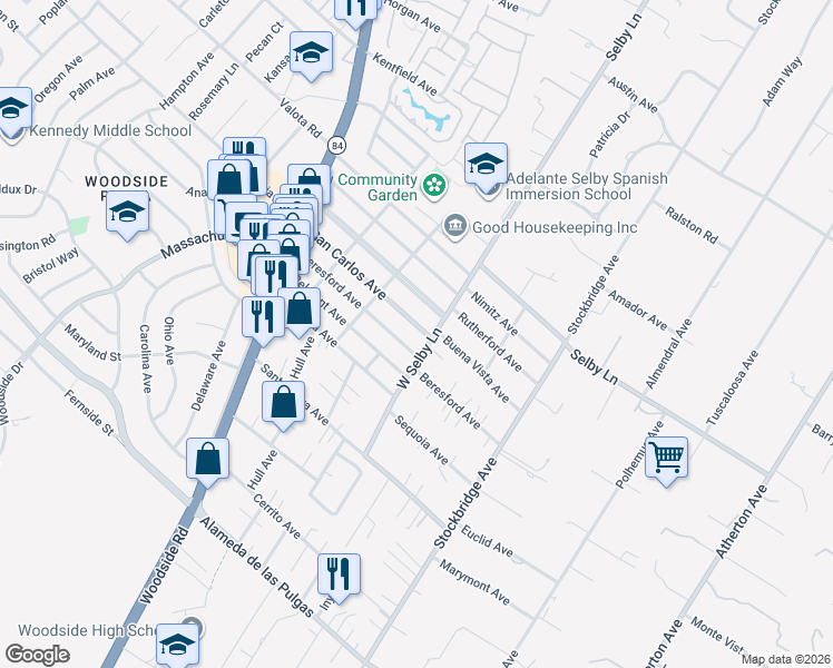 map of restaurants, bars, coffee shops, grocery stores, and more near 380 San Carlos Avenue in Redwood City