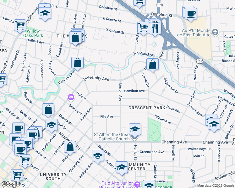 map of restaurants, bars, coffee shops, grocery stores, and more near 1165 Lincoln Avenue in Palo Alto