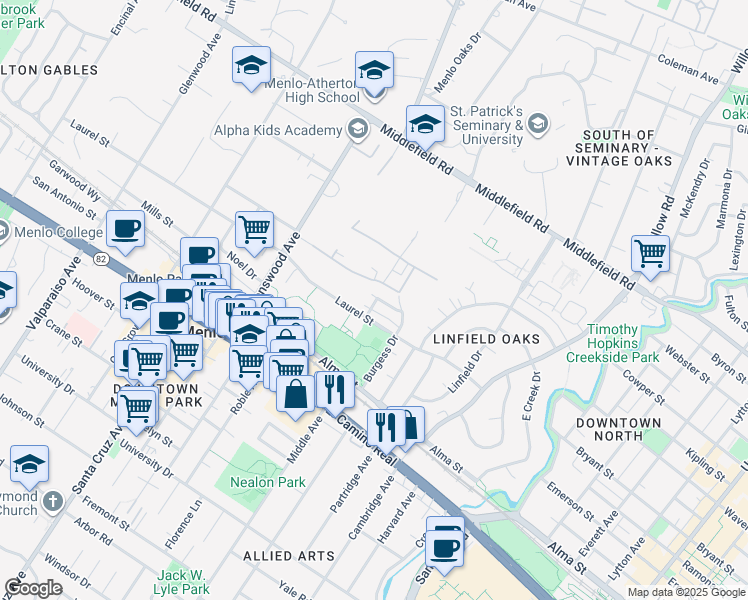 map of restaurants, bars, coffee shops, grocery stores, and more near 560 Laurel Street in Menlo Park