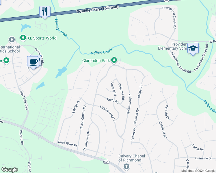map of restaurants, bars, coffee shops, grocery stores, and more near 12130 Iverson Court in Midlothian