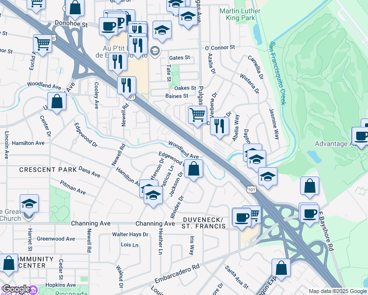 map of restaurants, bars, coffee shops, grocery stores, and more near in Palo Alto