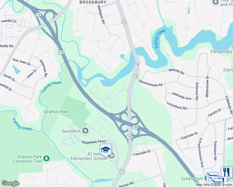 map of restaurants, bars, coffee shops, grocery stores, and more near 4742 Iron Bridge Road in Richmond