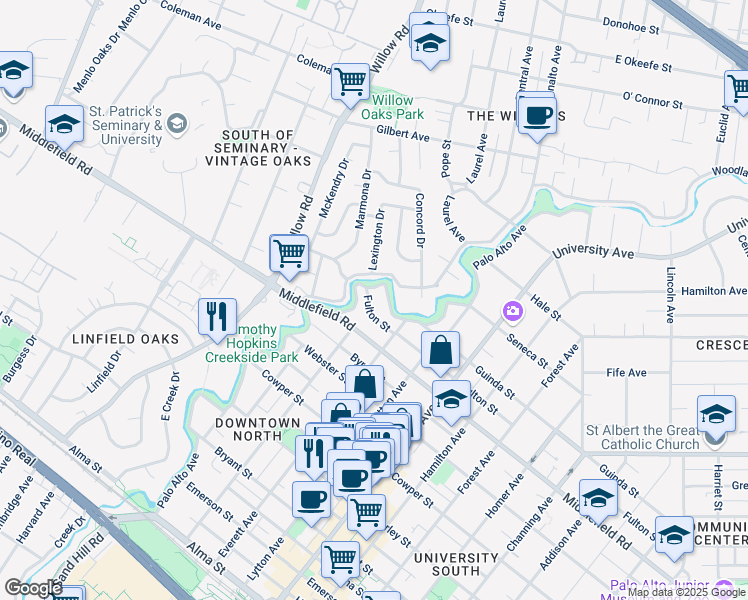 map of restaurants, bars, coffee shops, grocery stores, and more near 121 Fulton Street in Palo Alto