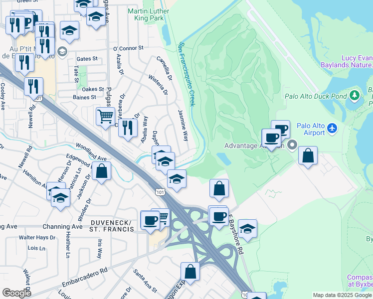 map of restaurants, bars, coffee shops, grocery stores, and more near 116 Daphne Way in East Palo Alto